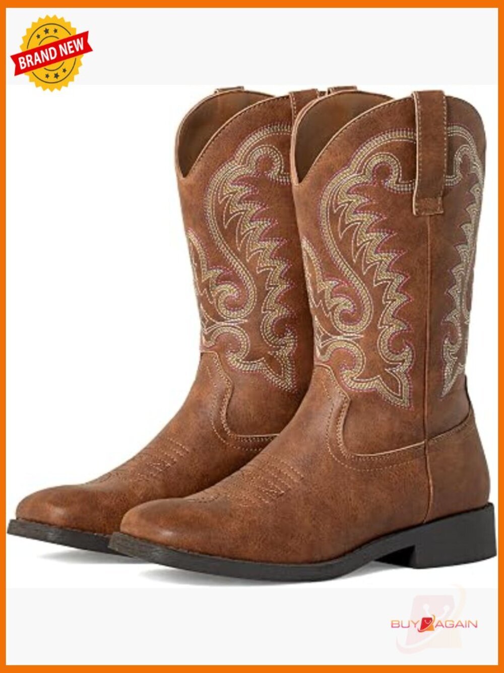 Women Square Toe Pull On Western Embroidered Cowboy Boots Mid Calf Low Heel